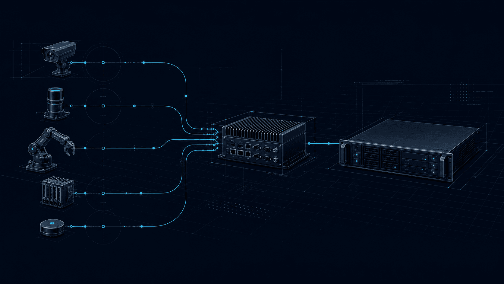Industrial sensors and devices connected to an edge gateway and local server