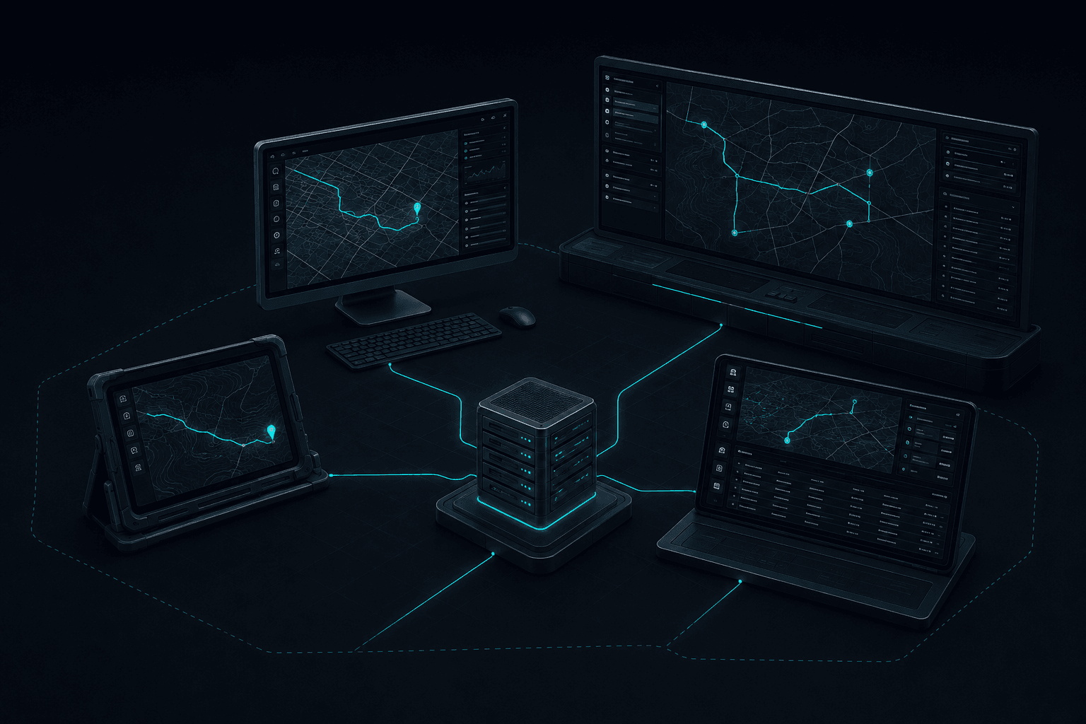 A central server connected by cyan lines to a desktop monitor, a rugged handheld tablet, a wide control-room console and a laptop, each showing the same local map