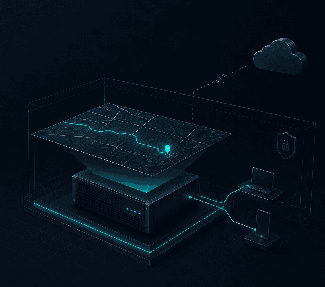 A locally hosted map server connects to nearby web and mobile clients inside a secure boundary, while a dashed line toward a cloud icon stops before leaving the boundary