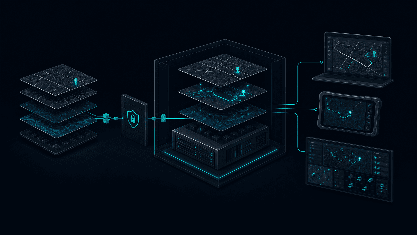 Layered map data flowing through a firewall into the Offline Map Server, then out to laptop, tablet and control-room dashboard clients